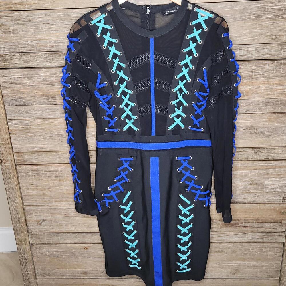 Athina Black Mesh Lace-up Long Sleeve Fitted Midi Dress Large Y2K Cosplay Sexy 